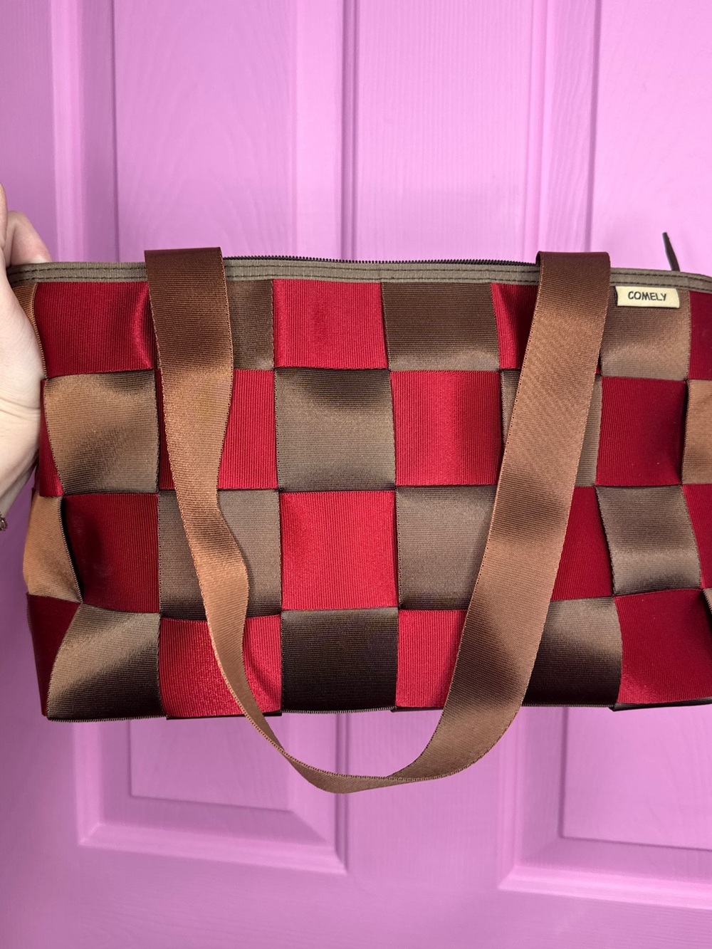 COMELY Red and Brown Woven Tote